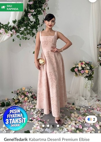 Abiye Pudra Pembe Cicekli Midi Elbise