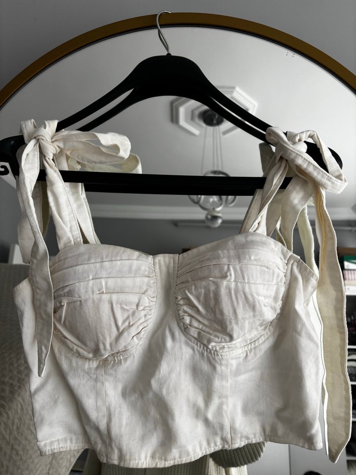 Beyaz Keten Askılı Mini Bustiyer - Görsel 2