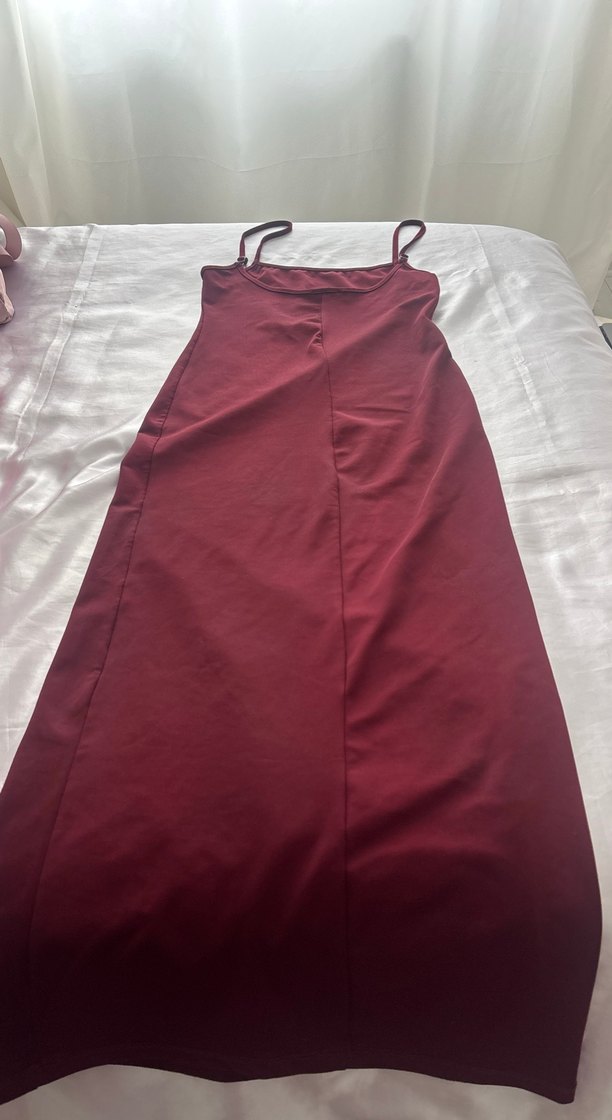 Bordo Midi İnce Askılı Elbise - Görsel 2