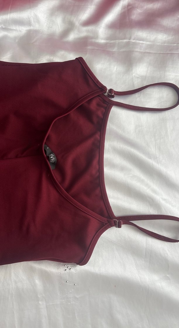 Bordo Midi İnce Askılı Elbise - Görsel 3