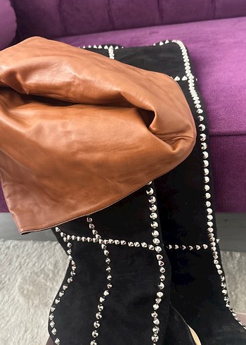 Siyah Süet Taşlı Dizüstü Stiletto Çizme - Görsel 3