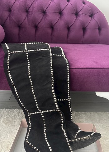 Siyah Süet Taşlı Dizüstü Stiletto Çizme - Görsel 2