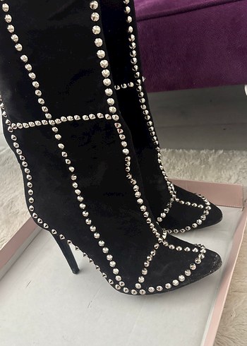 Siyah Süet Taşlı Dizüstü Stiletto Çizme - Görsel 4