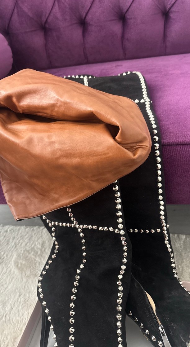 Siyah Süet Taşlı Dizüstü Stiletto Çizme - Görsel 3