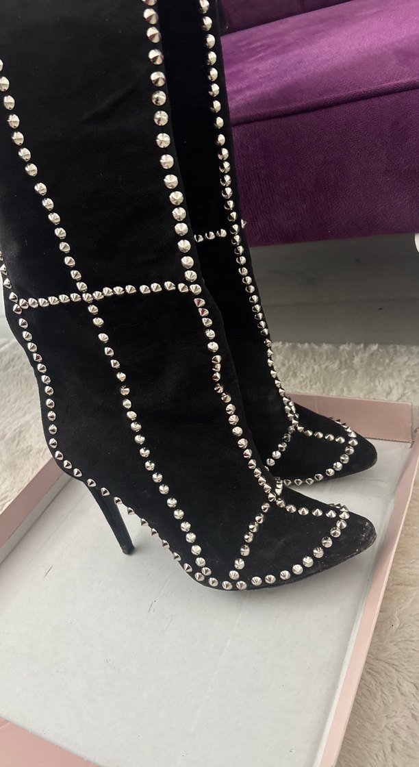 Siyah Süet Taşlı Dizüstü Stiletto Çizme - Görsel 4