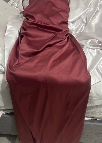 Bordo Drapeli Straplez Midi Elbise - Görsel 3