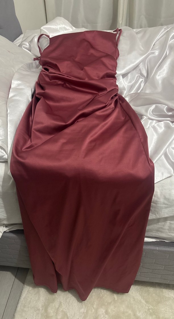 Bordo Drapeli Straplez Midi Elbise - Görsel 3