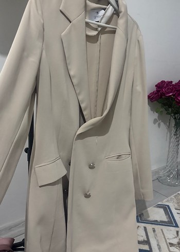 Kadın Bej Düğmeli Midi Blazer Ceket - Görsel 2