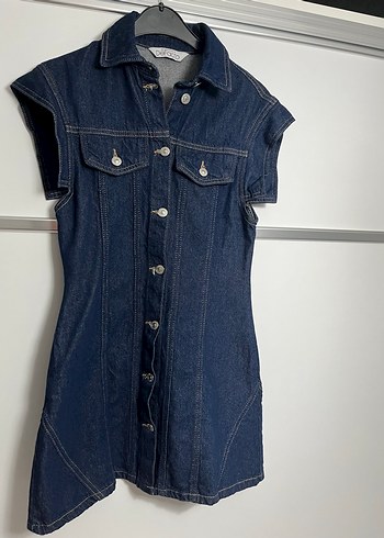 Düğmeli Lacivert Kot Elbise - Görsel 3