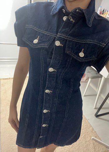 Düğmeli Lacivert Kot Elbise - Görsel 2