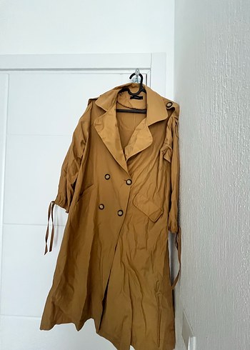 Bej Düğmeli Kadın Keten Trençkot - Görsel 3