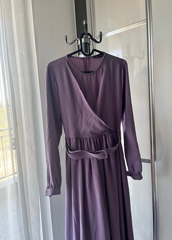 Mor V Yakalı Uzun Drapeli Kadın Elbise - Görsel 2