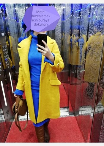 Sarı Kadın Midi Boy Yakası Kürklü Kaban - Görsel 3