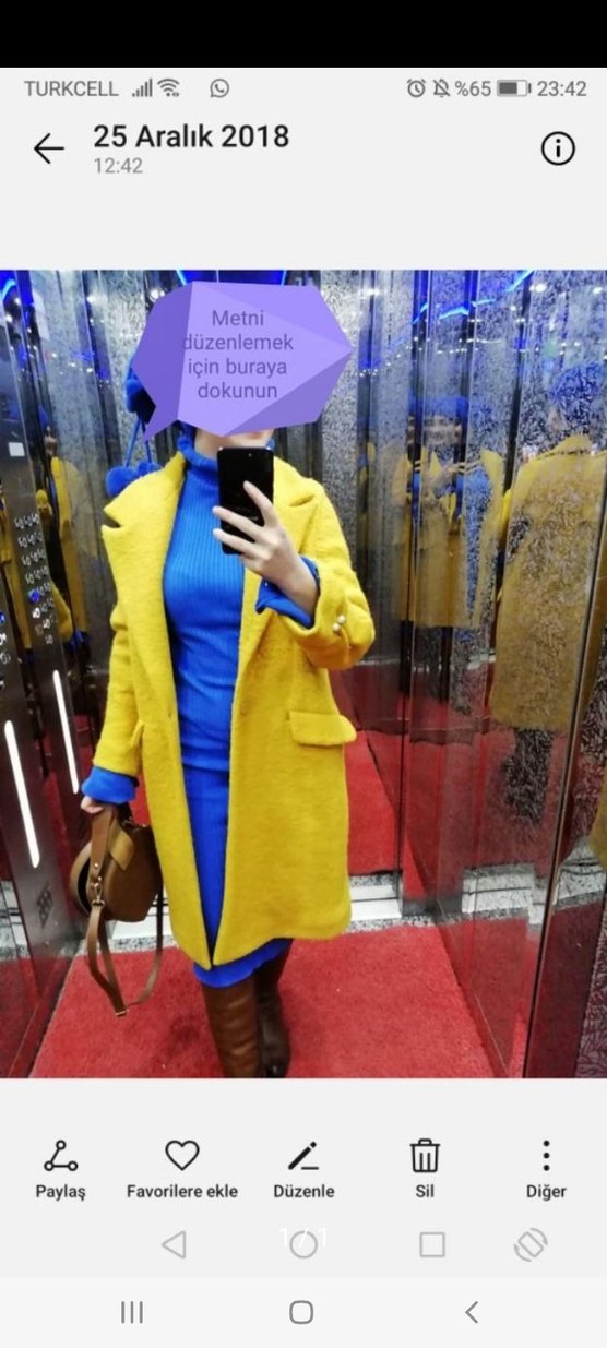 Sarı Kadın Midi Boy Yakası Kürklü Kaban - Görsel 3