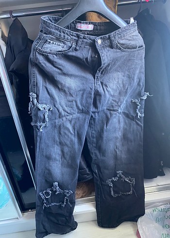 Diğer Koyu Gri Yikamali Yirtik Detayli Denim Jean