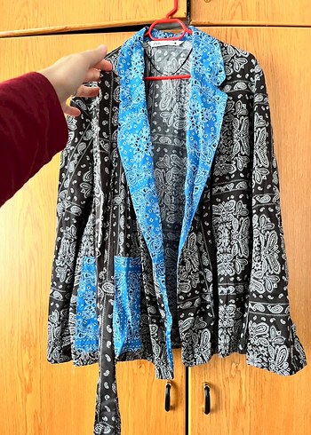 Uzun Kol Düğmeli Mavi Siyah Ceket - Görsel 5