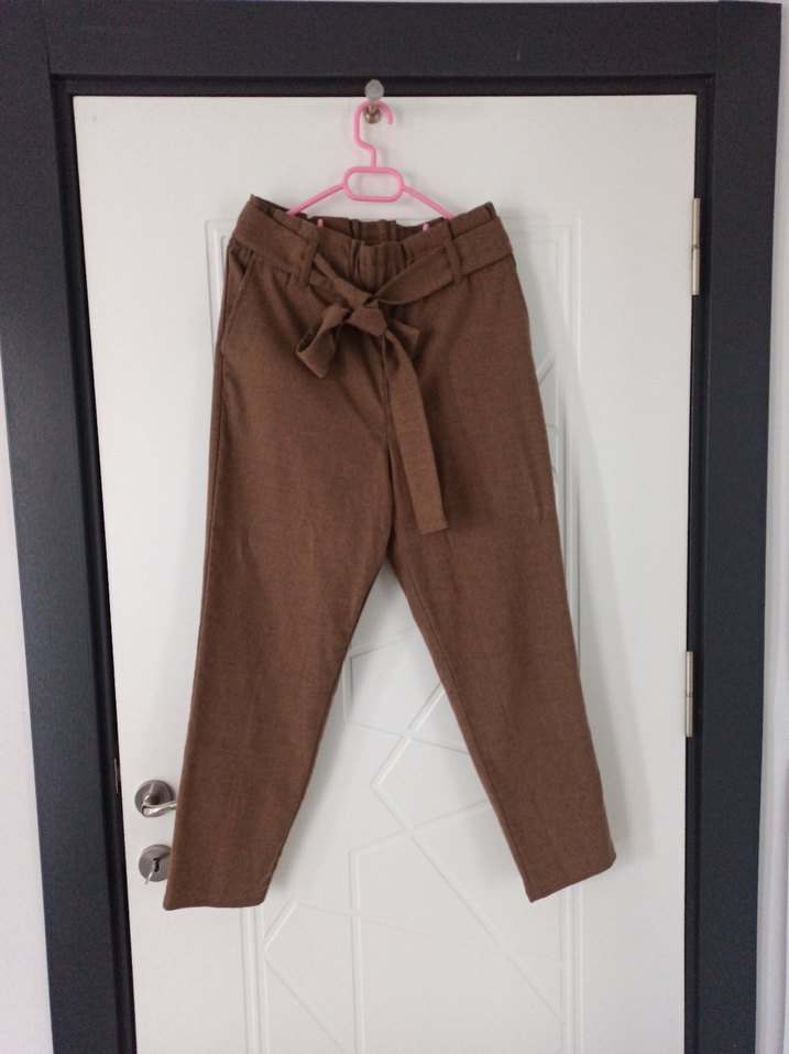 Kadın Kahverengi Pamuklu Kuşaklı Pantolon - Görsel 3