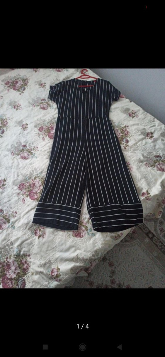 Kemerli Siyah Çizgili Midi Tulum - Görsel 2