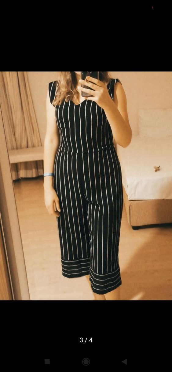 Kemerli Siyah Çizgili Midi Tulum - Görsel 3