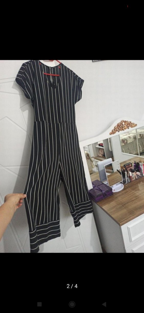 Kemerli Siyah Çizgili Midi Tulum - Görsel 4