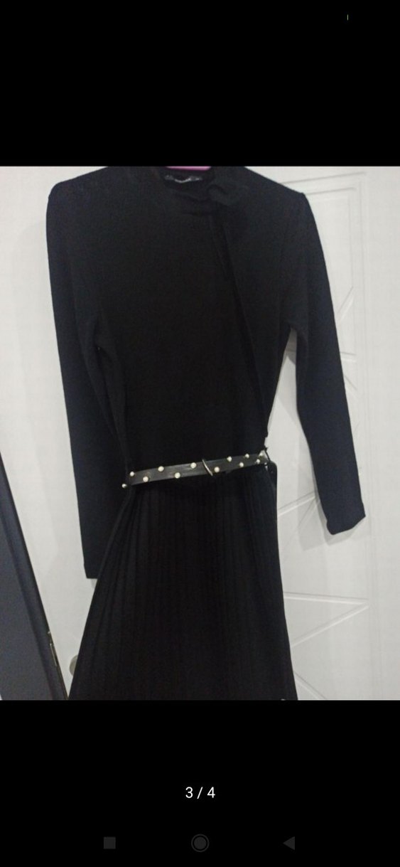 Siyah Uzun Kollu Kemerli Kadın Elbise - Görsel 2