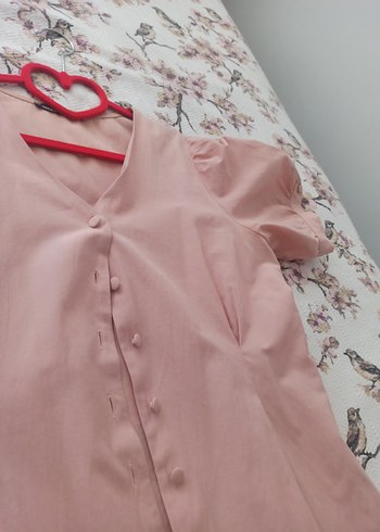 Düğmeli V Yaka Pembe Pamuklu Kadın Gömlek - Görsel 2