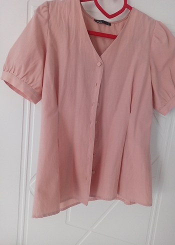 Düğmeli V Yaka Pembe Pamuklu Kadın Gömlek - Görsel 4