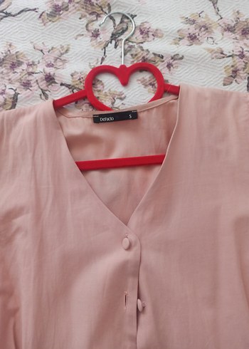 Düğmeli V Yaka Pembe Pamuklu Kadın Gömlek - Görsel 3