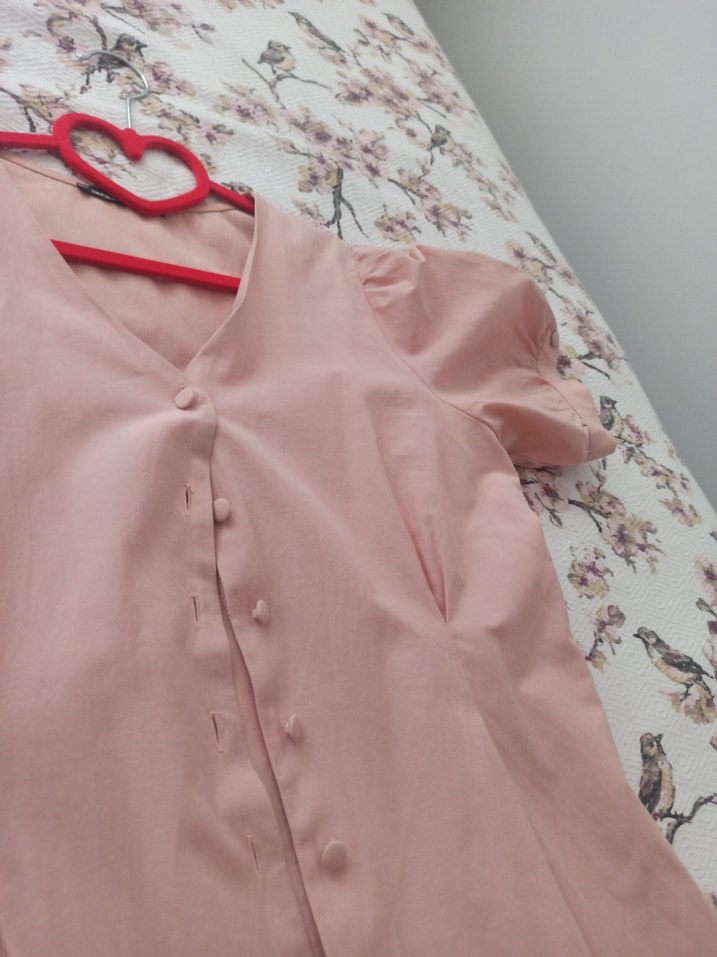Düğmeli V Yaka Pembe Pamuklu Kadın Gömlek - Görsel 2