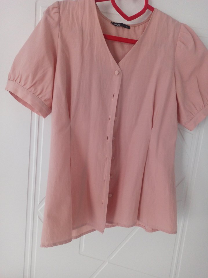 Düğmeli V Yaka Pembe Pamuklu Kadın Gömlek - Görsel 4