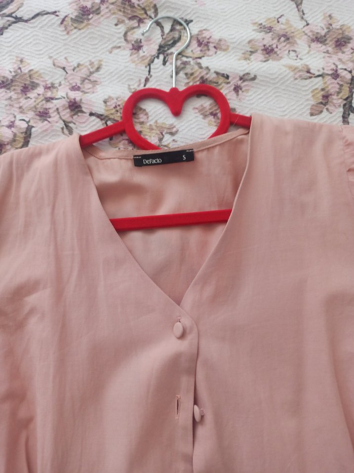 Düğmeli V Yaka Pembe Pamuklu Kadın Gömlek - Görsel 3