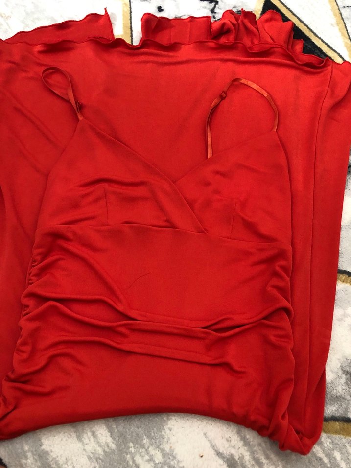 Kırmızı Drapeli Uzun Abiye Elbise - Görsel 2