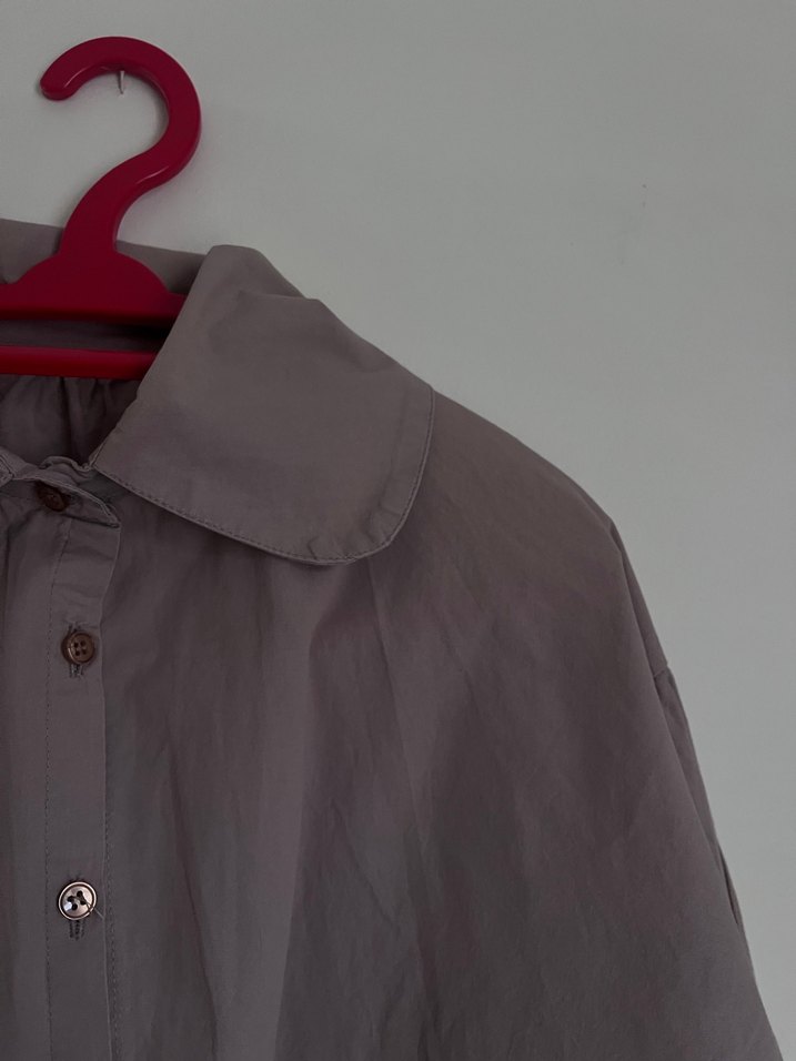 Bej Gri Düğmeli Keten Kadın Gömlek - Görsel 3