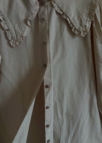 Düğmeli Bej Keten Kadın Gömlek - Görsel 3