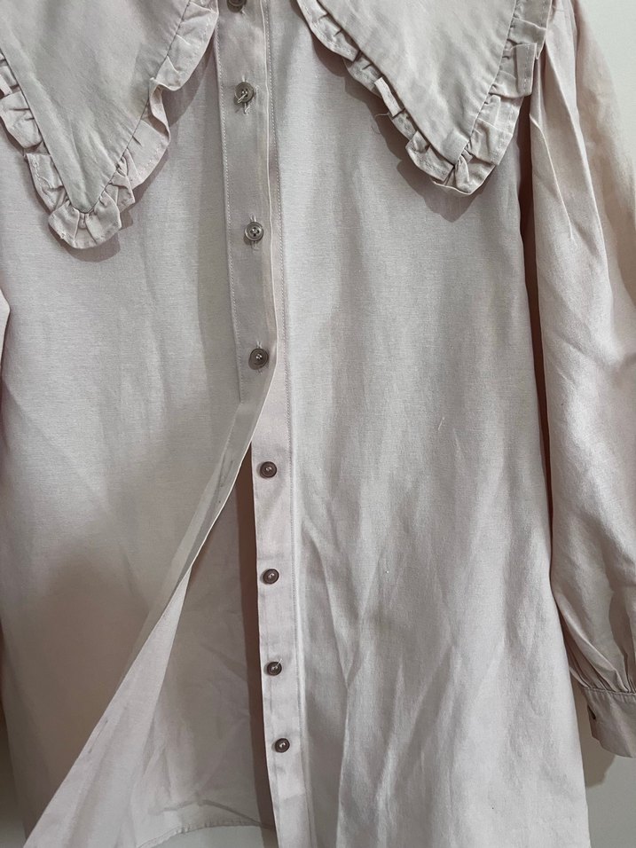 Düğmeli Bej Keten Kadın Gömlek - Görsel 4