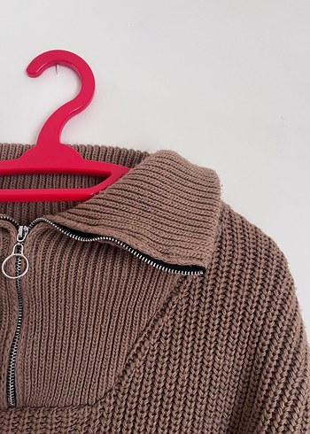 Kahverengi Yarım Fermuarlı Örgü Kadın Kazak - Görsel 3