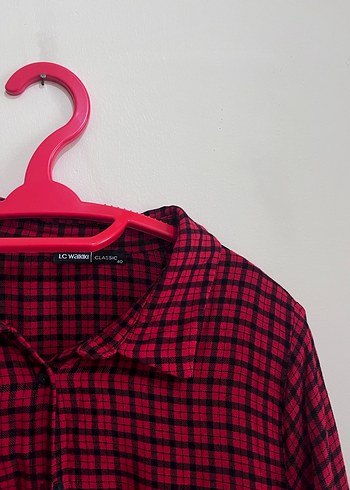 Kırmızı Kareli Düğmeli Uzun Kollu Kadın Gömlek - Görsel 3