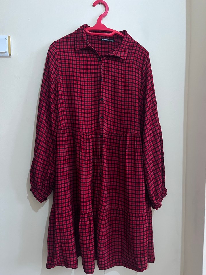 Kırmızı Kareli Düğmeli Uzun Kollu Kadın Gömlek - Görsel 4