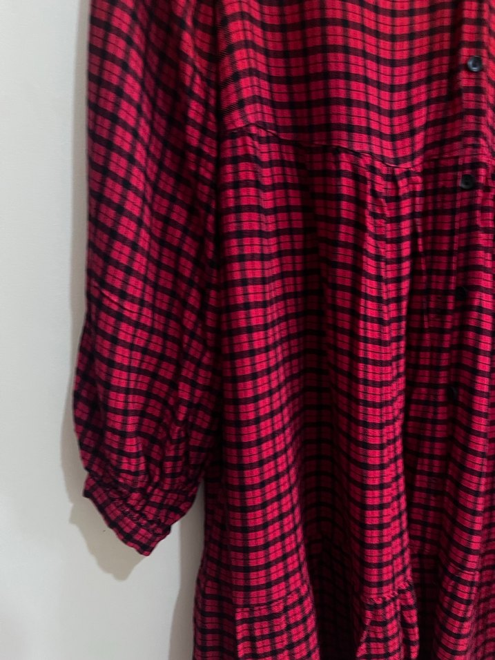 Kırmızı Kareli Düğmeli Uzun Kollu Kadın Gömlek - Görsel 2