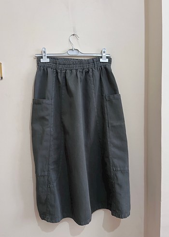 Kadın haki Midi Keten Etek - Görsel 4