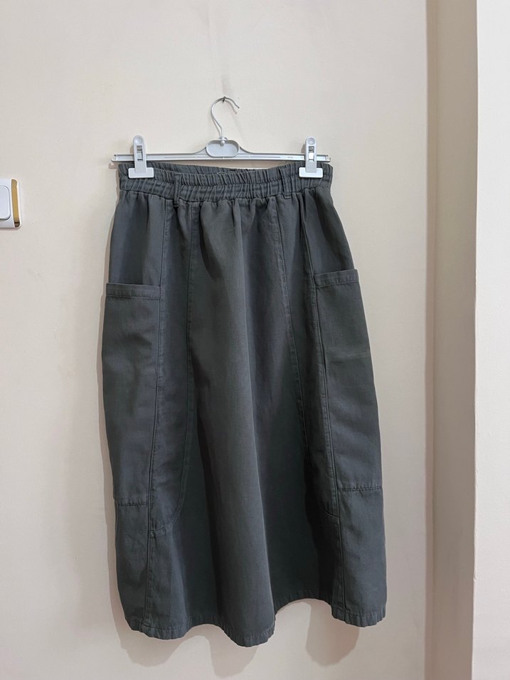 Kadın haki Midi Keten Etek - Görsel 4