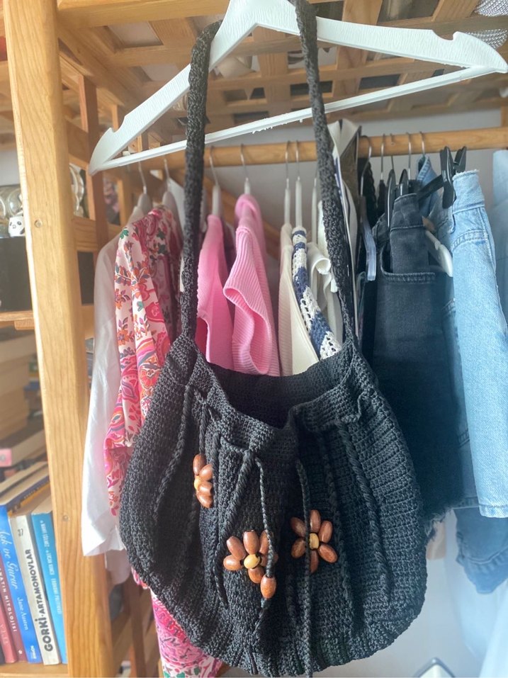 Boncuklu Siyah Örgü Kadın Çanta - Görsel 5