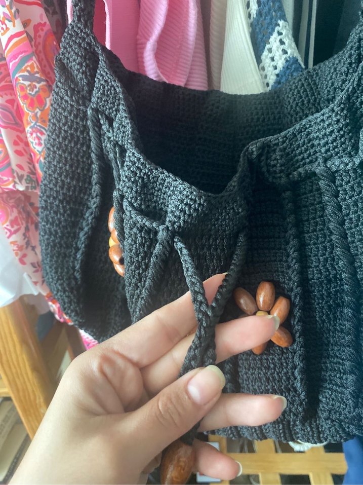 Boncuklu Siyah Örgü Kadın Çanta - Görsel 4