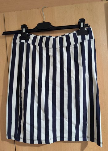 Lacivert Çizgili Pilili Mini Etek