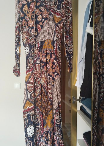 Uzun, Desenli, V Yakalı Bohem Kadın Elbise - Görsel 2