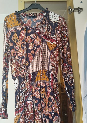 Uzun, Desenli, V Yakalı Bohem Kadın Elbise - Görsel 4