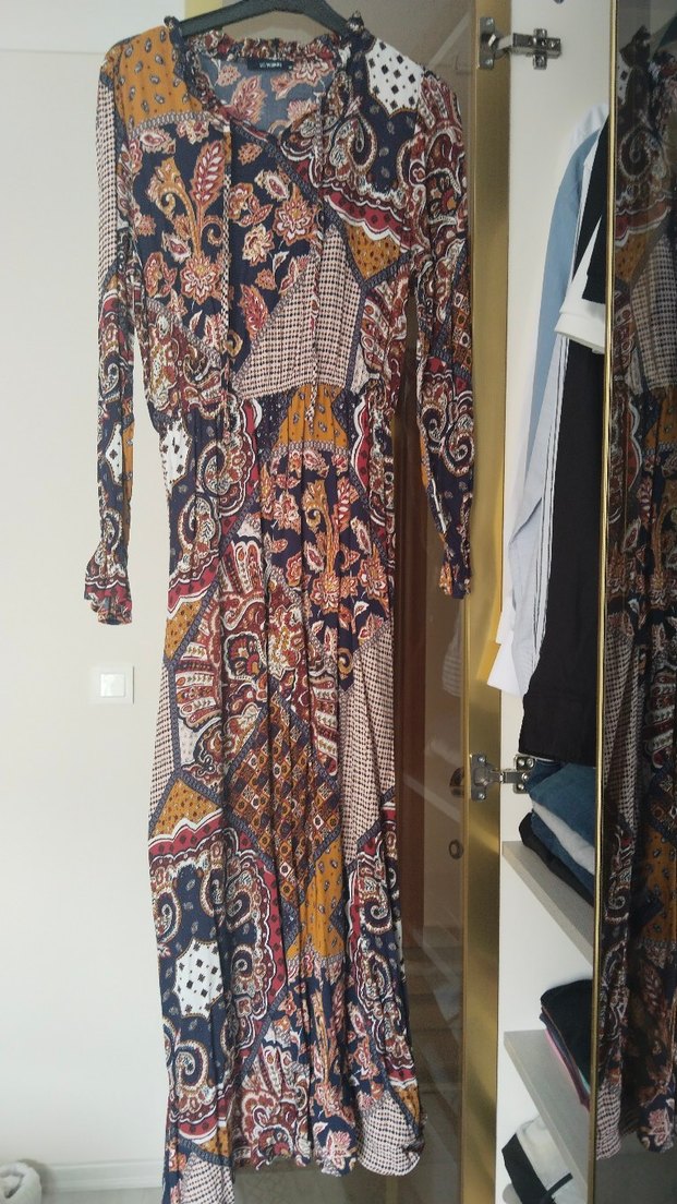 Uzun, Desenli, V Yakalı Bohem Kadın Elbise - Görsel 2