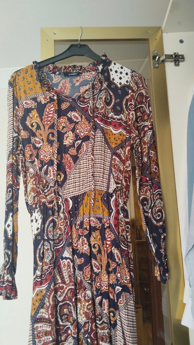 Uzun, Desenli, V Yakalı Bohem Kadın Elbise - Görsel 4