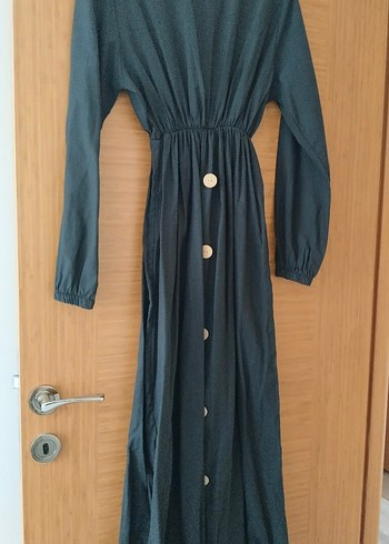 Düğmeli Siyah Keten Uzun Elbise - Görsel 3