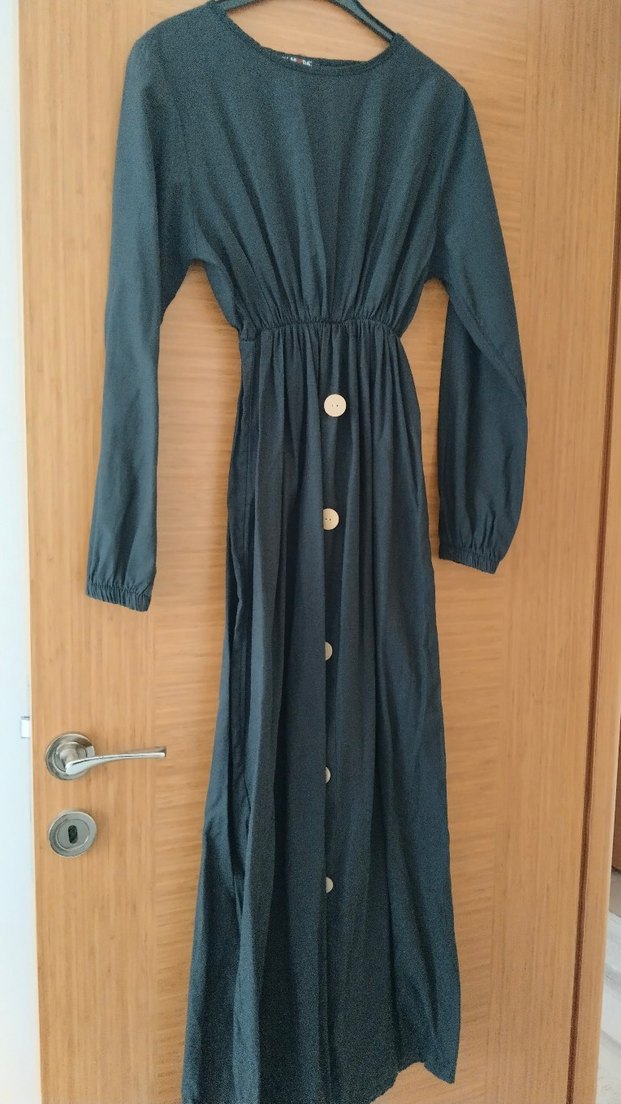 Düğmeli Siyah Keten Uzun Elbise - Görsel 3